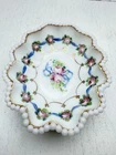 Vintage Hand Painted Milk Glass Trinket Dish Charleton Pink Roses Beaded Edge