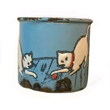 Vtg Blue Graniteware enamelware Cats Cat Ball Drinking Cup Mug C 1930's Child