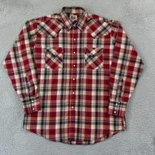 Vintage Ely Cattleman Pearl Snap Shirt Mens L Red Plaid Long Sleeve 80s Western