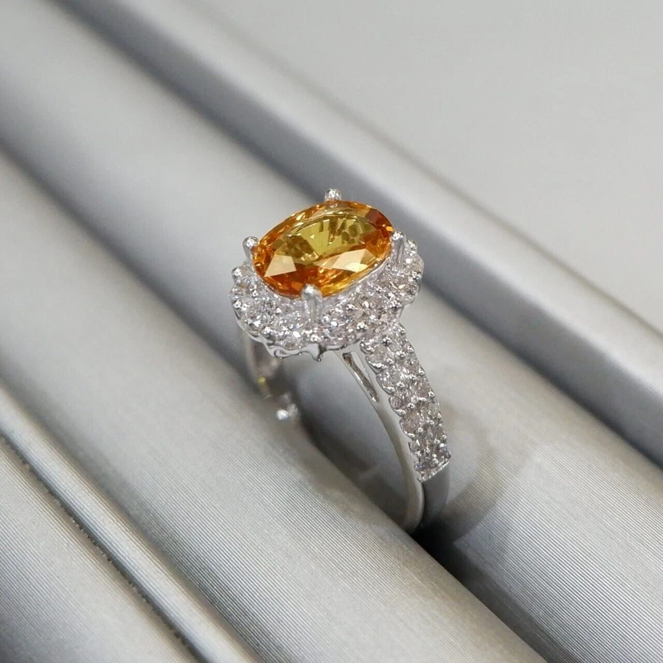 Anillo de diamantes de zafiro amarillo natural de 3 quilates de oro blanco... - Imagen 2 de 4