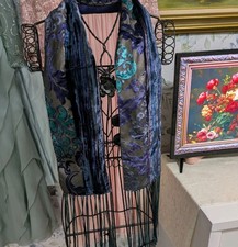 Vintage 6 X 48 Teal Blue Abstract Vintage Velvet Scarf With Fringe