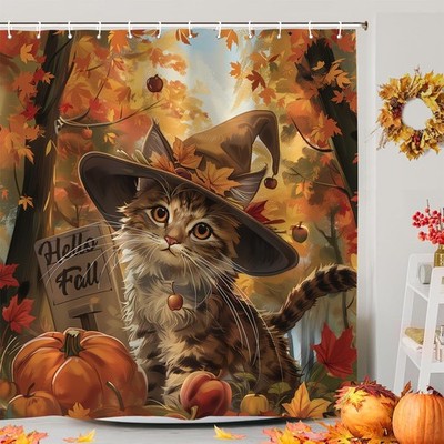 Fall Autumn Cat Shower Curtain， Funny Pumpkin Thanksgiving Harvest Maple Leav...