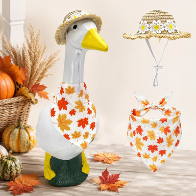 23in Porch Goose Statue Outfit Fall Maple Bandana & Straw Hat Autumn Yard Decor