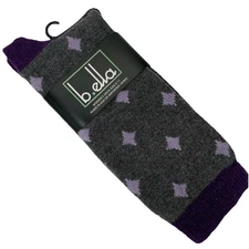 B.Ella Womens 9-11 Socks Wool Cashmere Angora Blend Mid Crew Grey Purple Diamond