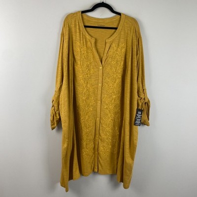 Catherines Embroidered Button Front Tunic Size 6X Honey Mustard Floral