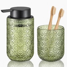 Green Glass Bathroom Liquid soap Dispenser and Toothbrush Holder Set Sage Green