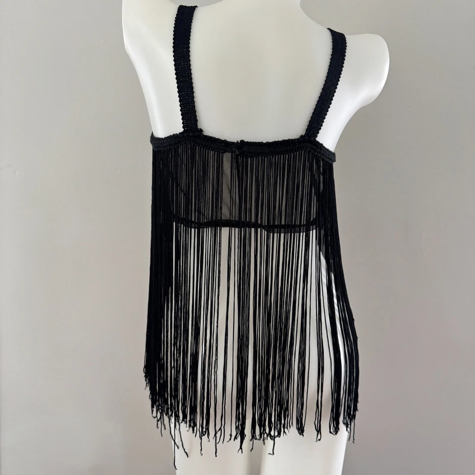 De colección Años 60 SHOWGIRL Disfraz Negro GoGo Top FRINGE Sujetador Corto Sin Mangas Baile Aleta Foto 4 de 4