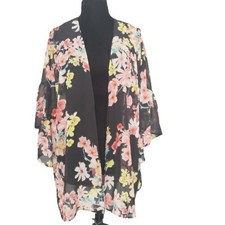 Kimono Black and Floral Short Bell Sleeves Open Cardigan One Size