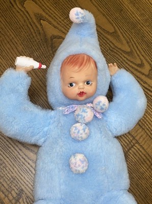Vintage Rubber Face Baby Doll Bottle Blue Pixie Snow Suit 1950s Rushton Plush