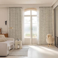 Light Camel Pinecone Curtains 96 Inches Long White Lace-Trimmed Drapes Living Ro