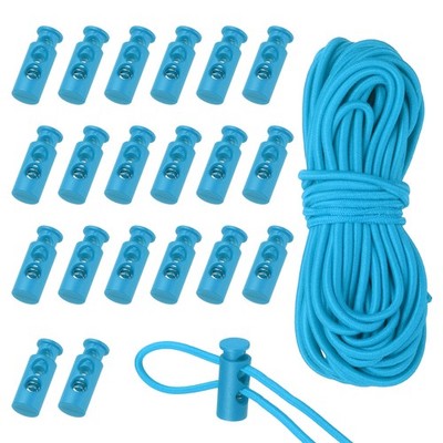 20 Pcs Plastic Cord Locks & 16 ft Elastic Cord, Double-Hole Toggles, Sky Blue