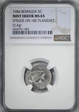1984 Bermuda 5C Cents NGC Mint Error MS65 - Struck on 10C Planchet