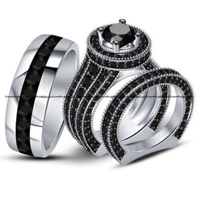 4Ct Simulated Diamond His Her Wedding Band Trio Ring Set 14k White Gold Plated