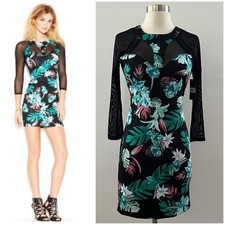 Guess Mesh Scuba Dress Women's Medium Black Mini Tropical Hawaiian Colorful NWT