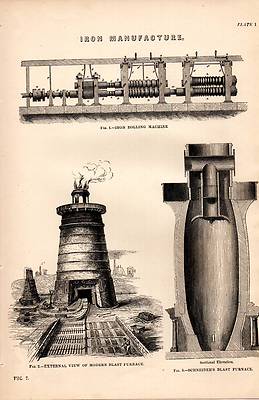 1868 PRINT ~ IRON MANUFACTURE ~ ROLLING MACHINE ~ BLAST FURNACE ~ SCHNEIDER'S