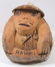 Carved Coconut Full Monkey Hawaiian Tiki Bar Decor Tip Jar Lid Bank Primitive