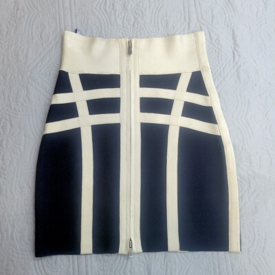 Herve Leger $720 Authentic Bandage Skirt Full Front Zipper Dark Blue/Cream Sz XS