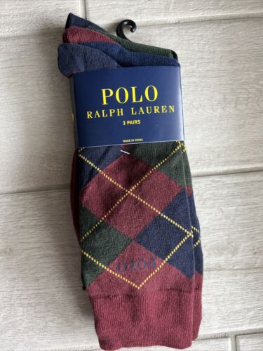 Polo Ralph Lauren 3-Pair Casual Dress Socks Argyle Blue Green Men’s Sz 10-13 NWT