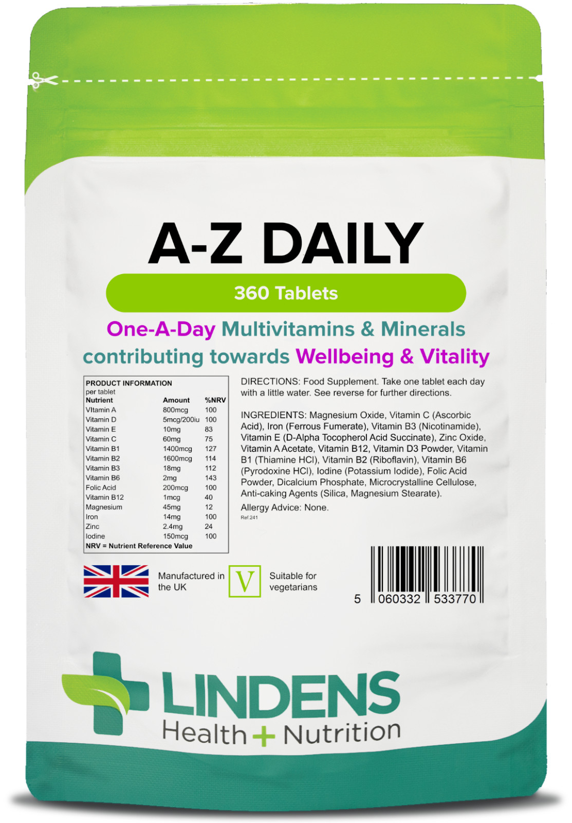 Lindens Multivitamin A-Z Daily Tablets - 360 Pack - One-A-Day - UK Made