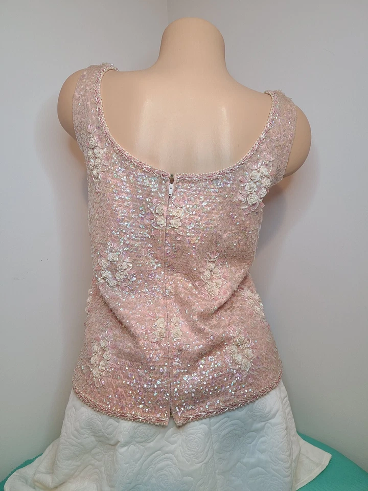 Chaleco de Colección Años 60 Lana Decorado a Mano Cuentas Lentejuelas Showstopper Talla Pequeña Foto 3 de 4