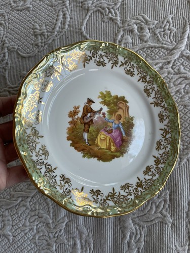 Kleiber Bavaria Courting Couple Plate Regnitzlosau Porz Germany Green Gold Trim - Picture 6 of 9