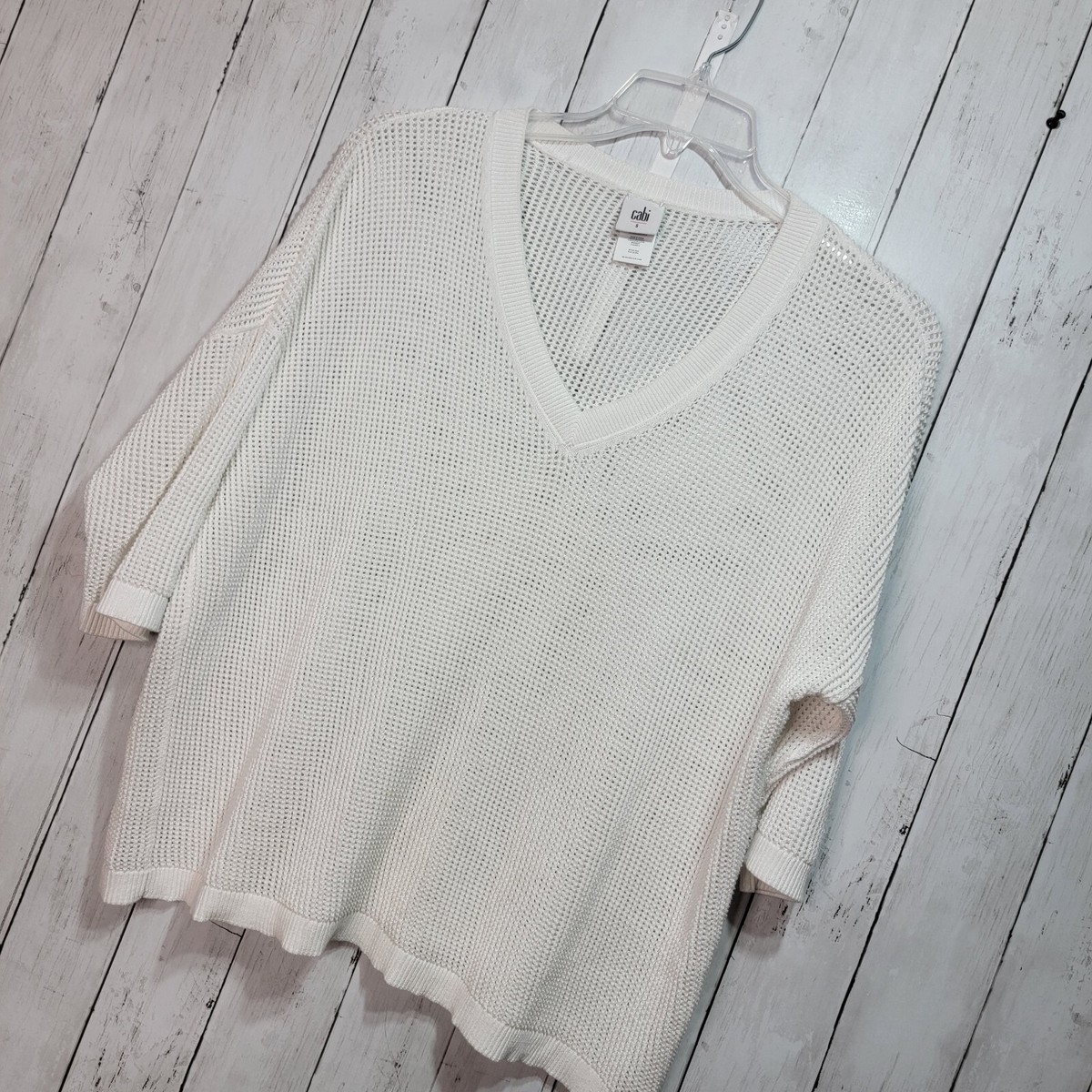 Cabi #5454 Breeze Pullover White Cotton Linen Blend Open-Knit V-Neck Size  Small