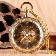 Retro Roman Numbers Gold Open Face Mechanical Hand Winding Pocket Watch Chain