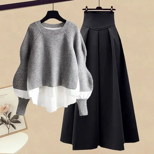Herbst/Winter zweiteiliges Strickpullover-Set Kleid passend Damenrock Set - Bild 9 von 36