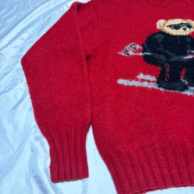 Ralph Lauren Polo Vintage Bear Red Ski Bear Hand Knit Sweater M