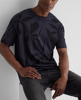 Express Men Relaxed Leaf Print Perfect Pima Cotton Crew T-Shirt Blue Black S