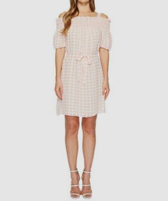 Boutique Moschino Women's Pink Gingham Off-Shoulder Shift Dress Size 10
