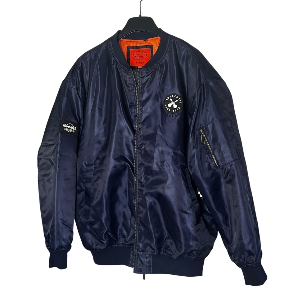 Hard Rock Tulsa Quilted Bomber Jacket Size 3XL Navy Blue Orange Lined - Image 2 of 4