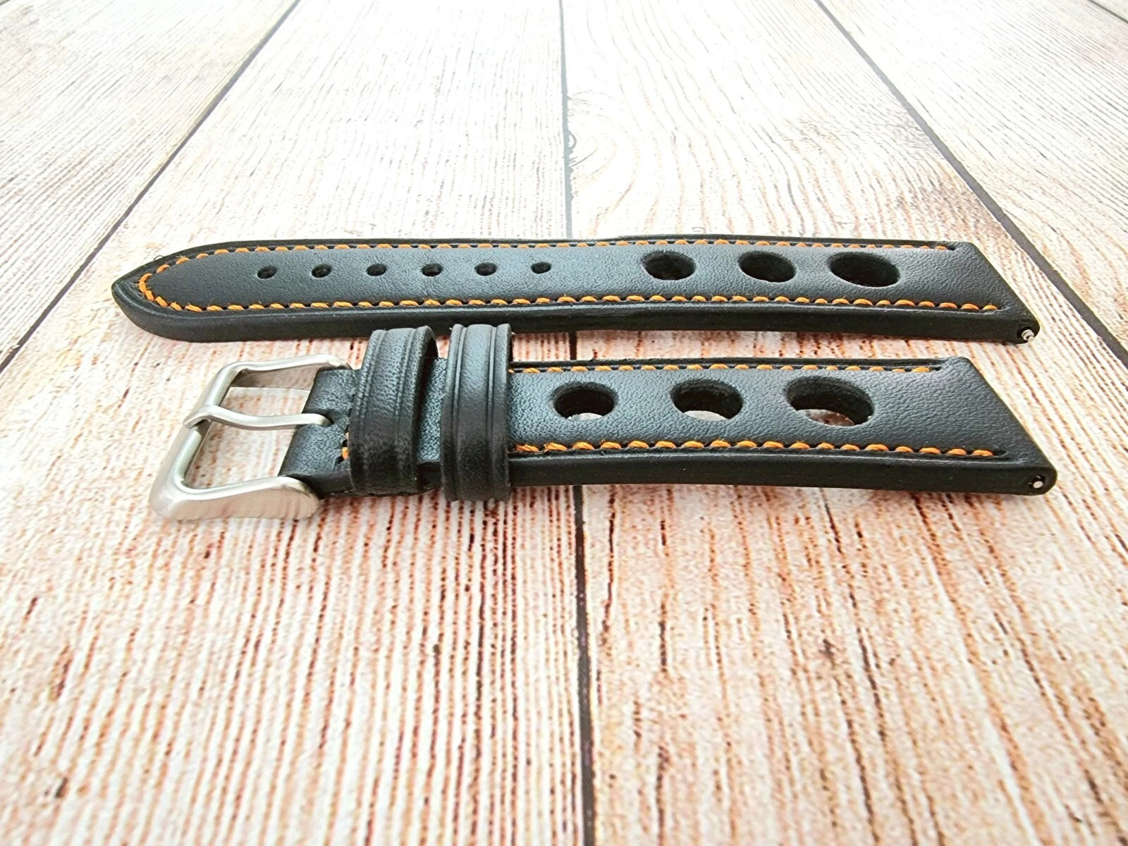 Premium Leather Watch Strap Band Rally Racing 18mm 20mm 22mm 24mm Black Orange