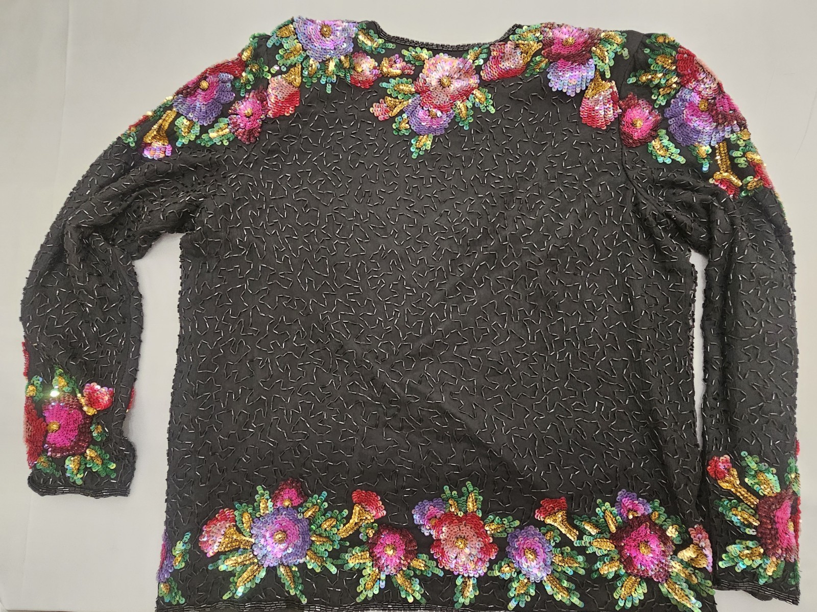 Lawrence Kazar Blac Beaded Sequined Jacket Blouse Small Floral Black Silk