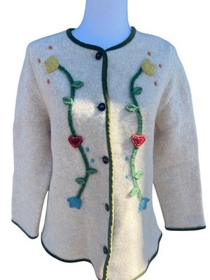 Isabella G Vintage Embroidered Wool Button Up Austrian Floral Cardigan Size  XL