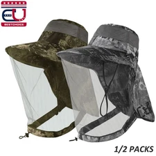 Men Women Wide Brim Mosquito Head Net Sun Hat with Neck Flap for Fishing Hiking