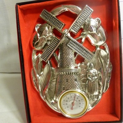 Vintage Windmill Thermometer - Silver Colored Metal - New in Box