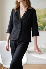 Kim Rogers Petite 100 Linen Ruffle Trim 3/4 Sleeve Blazer Jacket 805