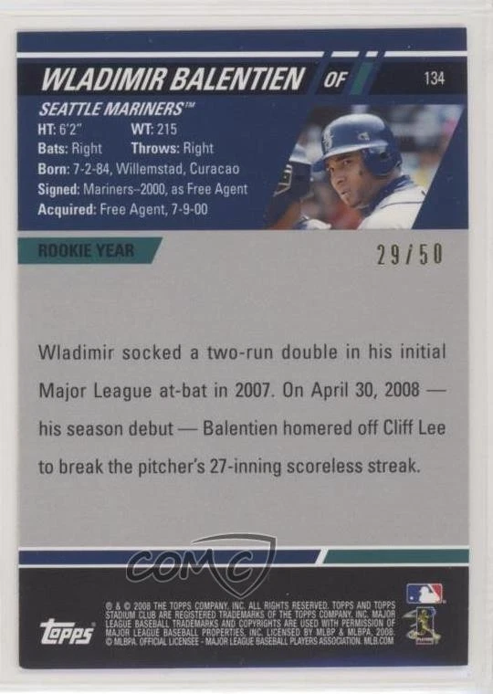 2008 Stadium Club Gold Photographer's Proof /50 Wladimir Balentien (Sliding) - Image 2 of 2