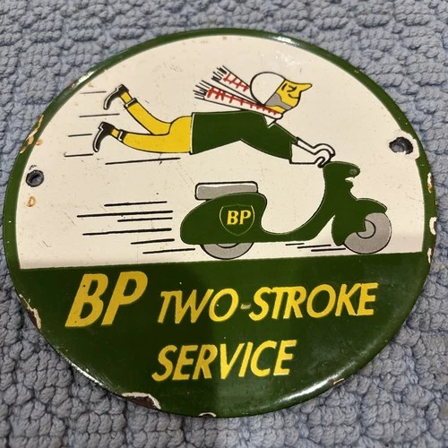 Vintage BP TWO-STROKE MOTOR OILS PORCELAIN GAS PUMP METAL SIGN  SCOOTER Moped