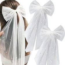 2PCS Pearl Bride to Be Veil Hair Bow for Bachelorette Party White