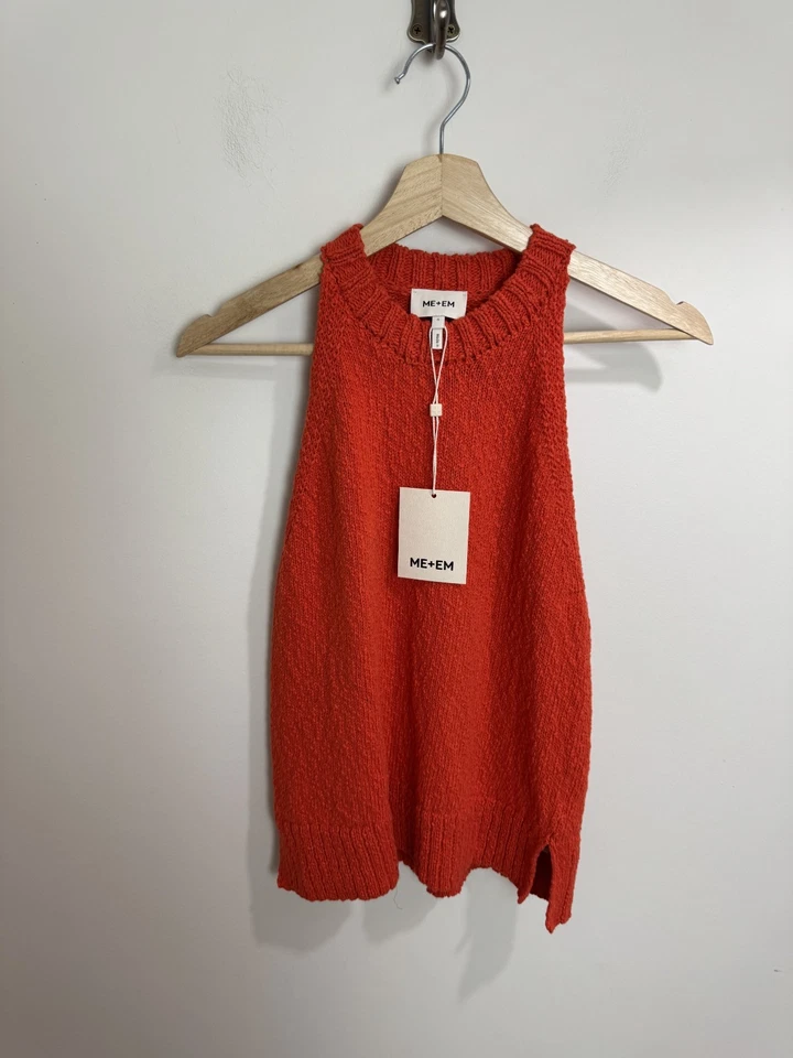 Me+Em Cotton Linen Tank Top Vest Size S Poppy Orange Boucle Knit Halter - Image 1 of 4