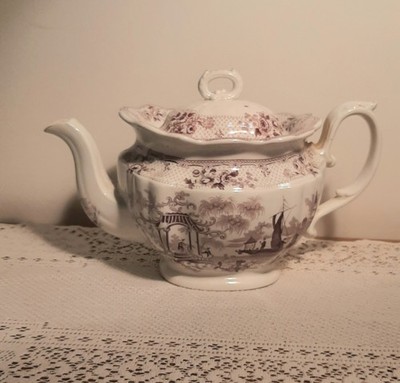 Antique Purple Mulberry Transferware Teapot Large