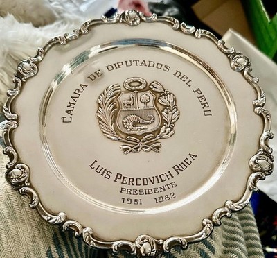 Vintage versilberter peruanischer Teller Luis Percovich Roca 1981-1982 verzierte Plakette