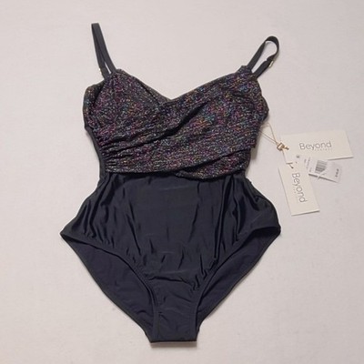 Beyond Control Women's Black Multi Metallic Drape One Piece Swimsuit Size 8 NWT