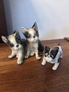2 Vintage Boston Terrier French Bulldog Figurine Ceramic Black/White Japan MCM