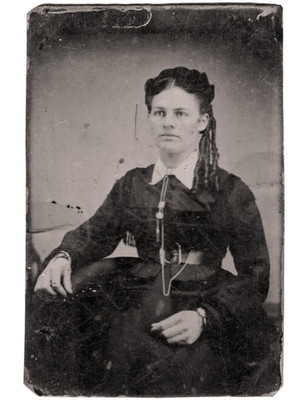 1870s Woman Lots of Jewelry Chains Bracelet Curls 1/6 Plate Tintype Antique