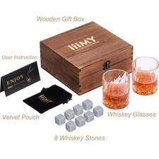 Whisky Stones Gift Set 2 Glasses Wooden Box Soapstone Chilling Rocks Brown Grey