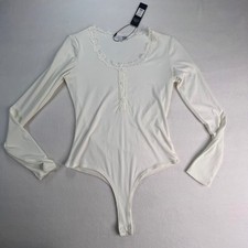 Fashion Nova Good Intentions Lace Trim Bodysuit Cream Ribbed Long Sleeve M NEW