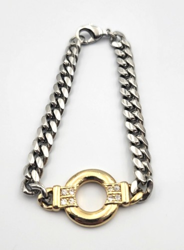 Liz Claiborne Gold & Silver Tone Rhinestone Circle Chain Bracelet Two Tone 6.5"